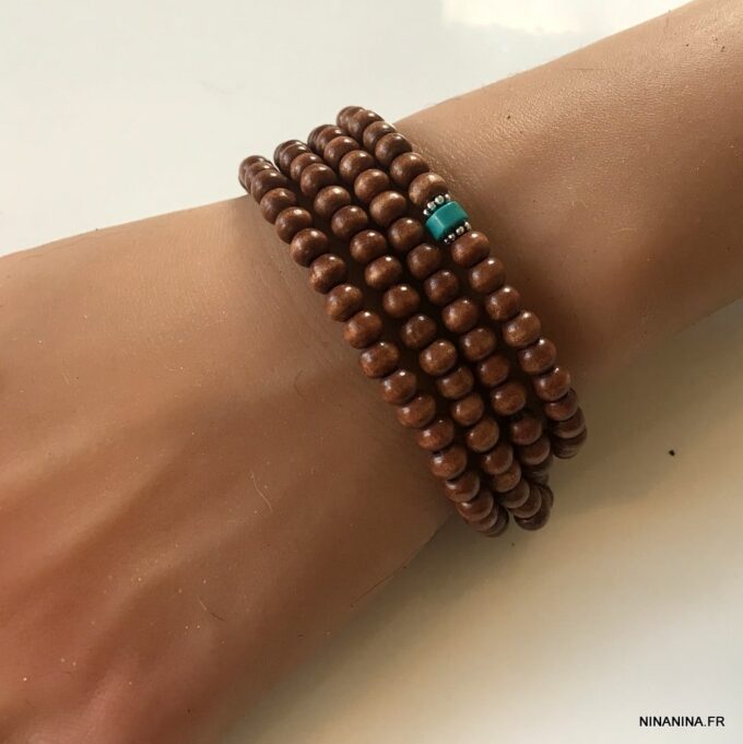 N5556g Bracelet perle bois homme et turquoise bleue 3 tours - Bijoux Bracelets en ligne Ninanina