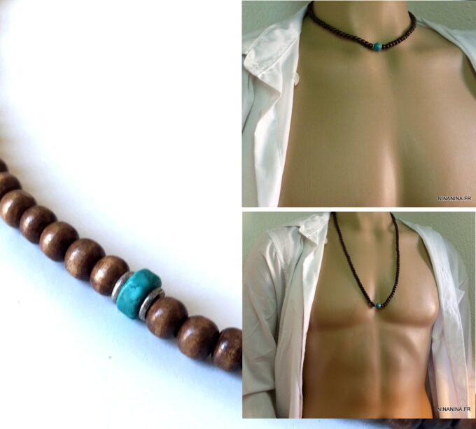 N5557a Long Collier perle bois homme turquoise et argent 925 - Bijoux Colliers hommes en ligne Ninanina