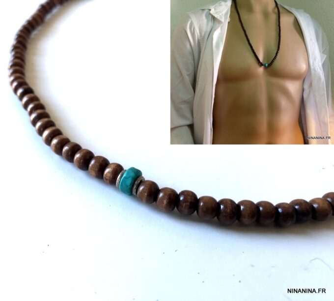 N5557d Long Collier perle bois homme turquoise et argent 925 - Bijoux Colliers hommes en ligne Ninanina
