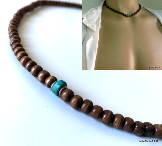 N5557e Long Collier perle bois homme turquoise et argent 925 - Bijoux Colliers hommes en ligne Ninanina