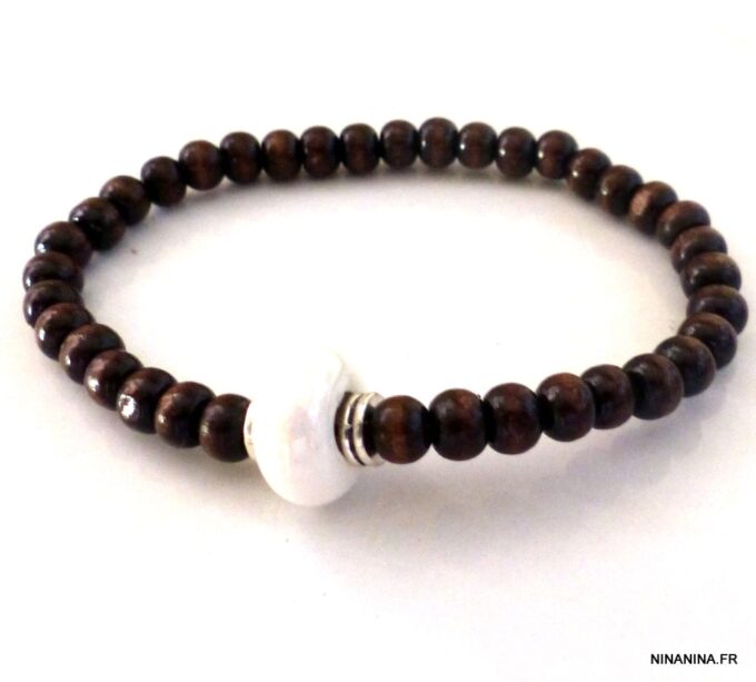 N5567 Bracelet homme perles bois perle blanche NINANINA