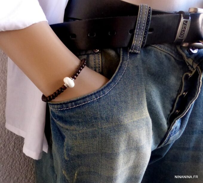 N5567B Bracelet homme perles bois perle blanche NINANINA