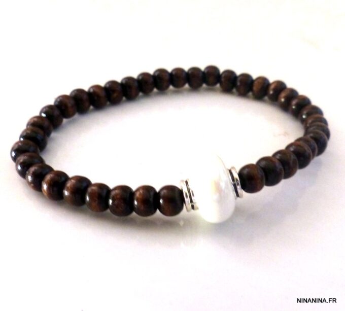 N5567E Bracelet homme perles bois perle blanche NINANINA