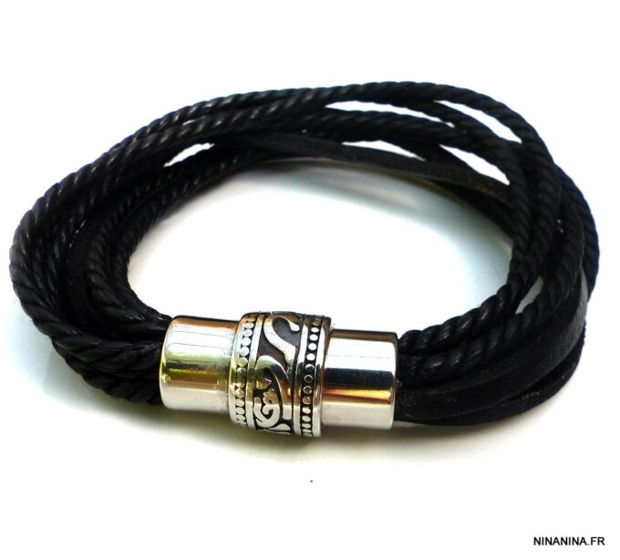 N5579 Bracelet homme cuir multirangs fermoir acier inoxydable gravé NINANINA