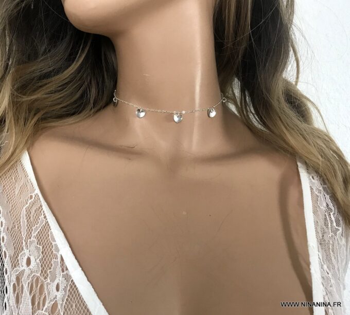 N5581b Collier ras de cou coeur argent 925 femme - Bijoux Colliers en ligne Ninanina