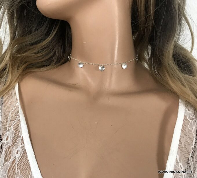 N5581d Collier ras de cou coeur argent 925 femme - Bijoux Colliers en ligne Ninanina