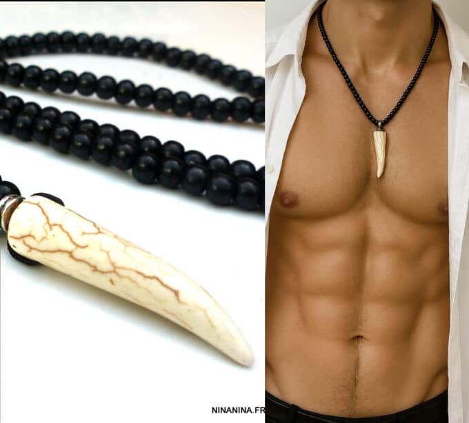 N5592 Collier homme ethnique avec pendentif corne en pierre naturelle blanche et perles rondes en bois