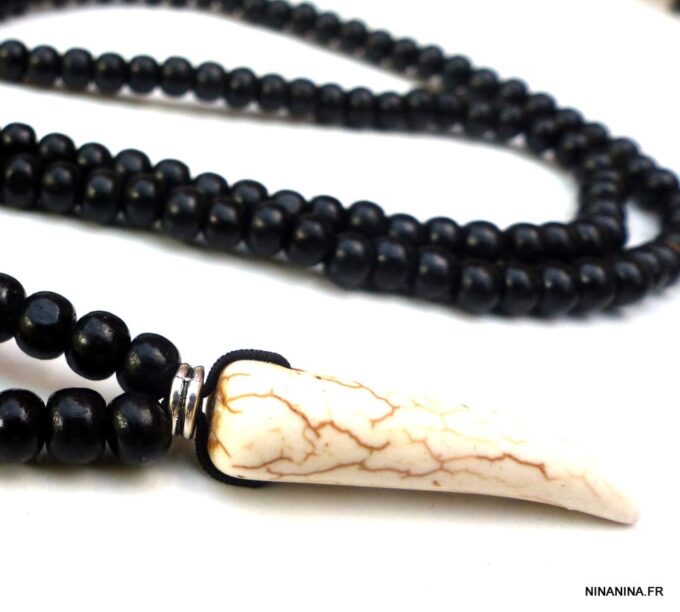N5592a Collier homme tribal perles bois corne défense ivoire NINANINA