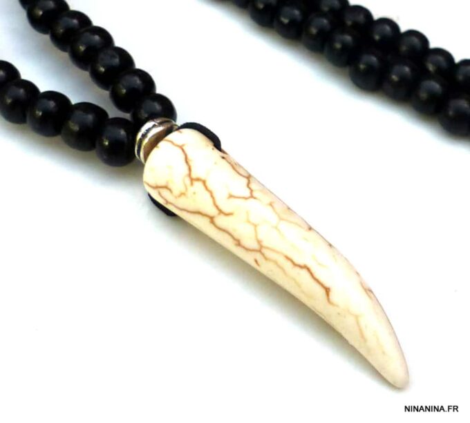 N5592b Collier homme tribal perles bois corne défense ivoire NINANINA