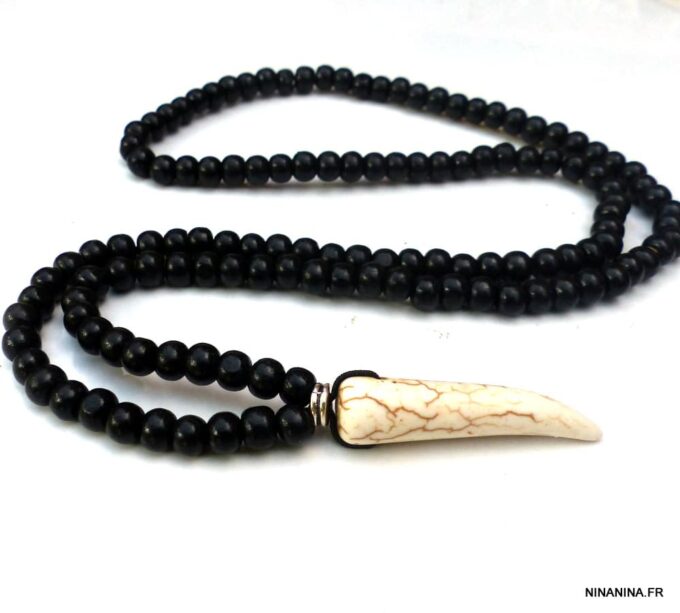 N5592c Collier homme tribal perles bois corne défense ivoire NINANINA