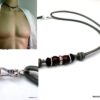 N5598 collier homme femme cordon cuir perles bois argent 925 massif NINANINA