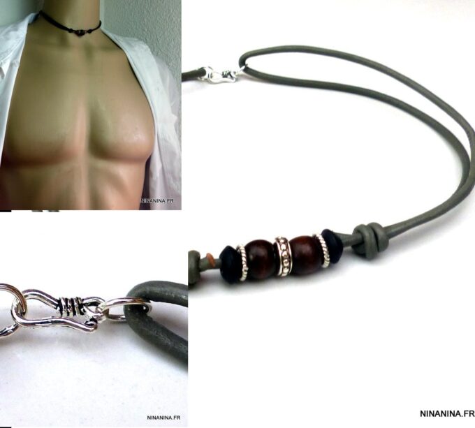 N5598 collier homme femme cordon cuir perles bois argent 925 massif NINANINA