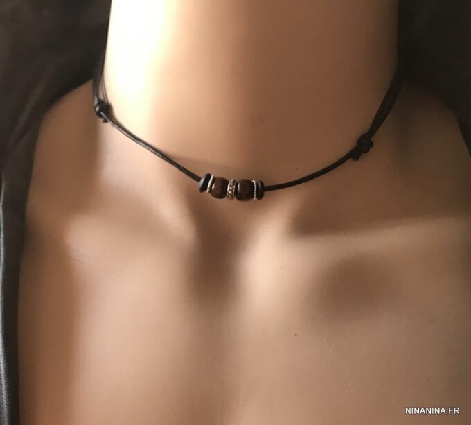 N5598a Collier homme perles bois et argent 925 cordon cuir - Bijoux Colliers en ligne Ninanina