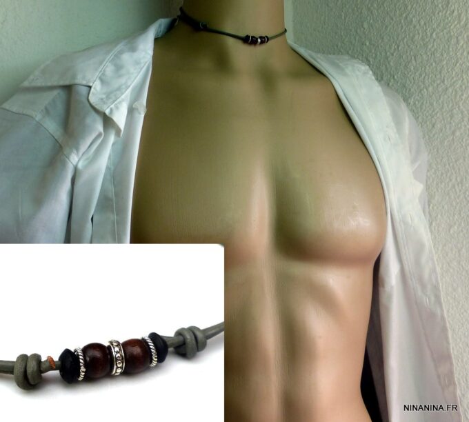 N5598d collier homme femme cordon cuir perles bois argent 925 massif NINANINA