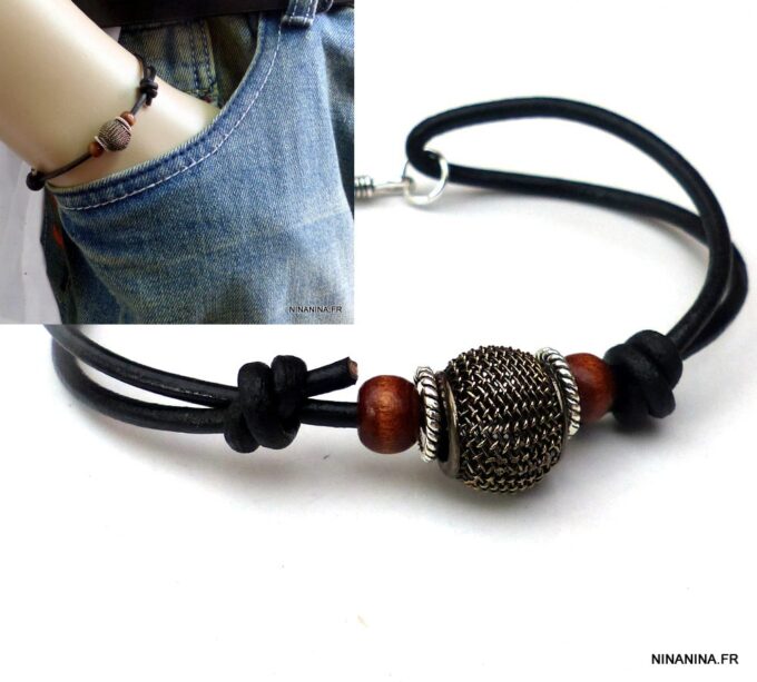 N5600 bracelet homme femme réglable cordon cuir perles bois argent 925 massif NINANINA