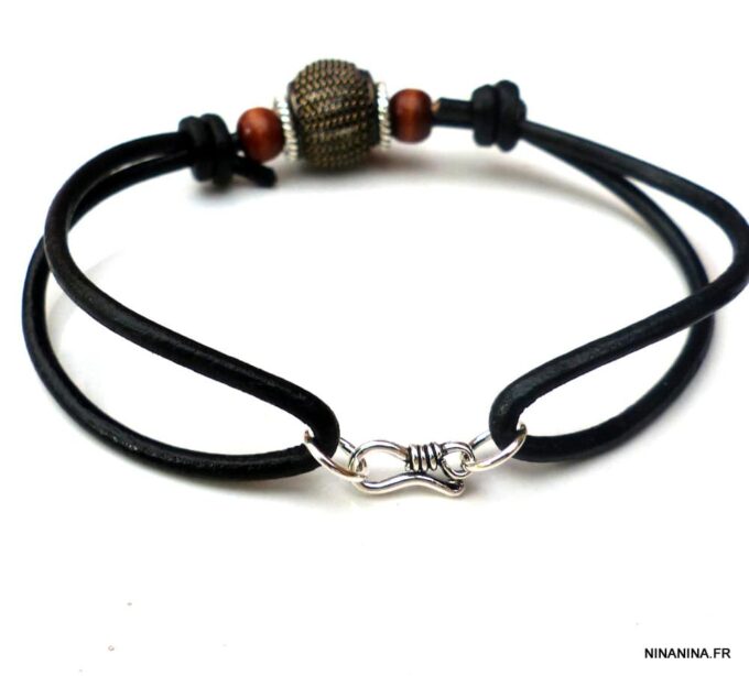 N5600b bracelet homme femme réglable cordon cuir perles bois argent 925 massif NINANINA