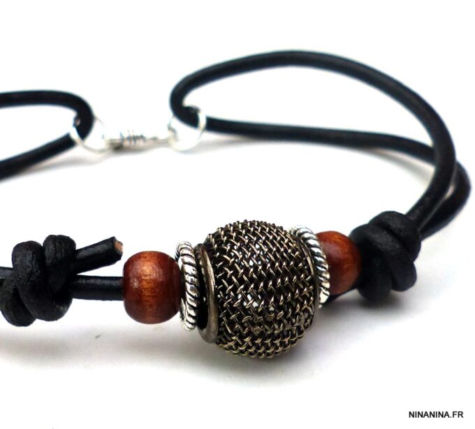 N5600c bracelet homme femme réglable cordon cuir perles bois argent 925 massif NINANINA