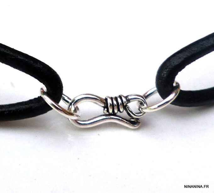 N5600d bracelet homme femme réglable cordon cuir perles bois argent 925 massif NINANINA