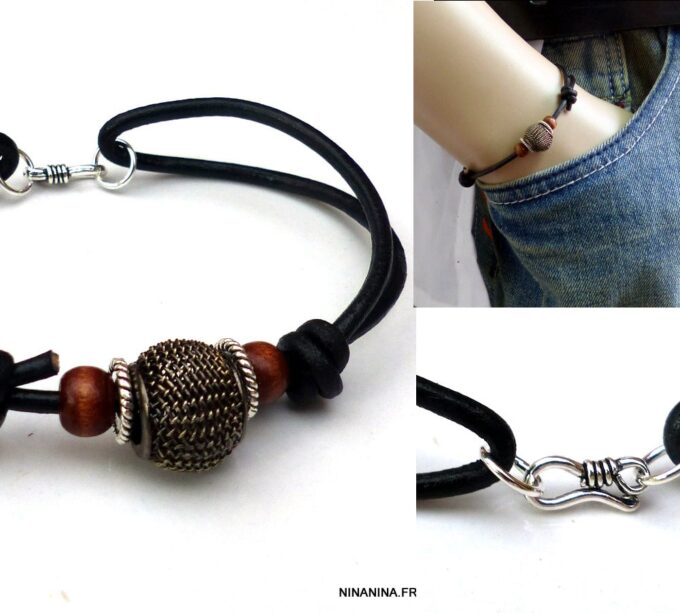 N5600g bracelet homme femme réglable cordon cuir perles bois argent 925 massif NINANINA
