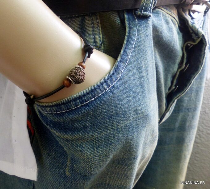 N5600j bracelet homme femme réglable cordon cuir perles bois argent 925 massif NINANINA