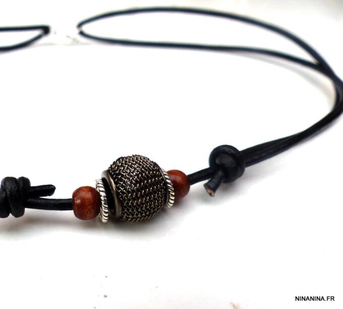 N5601 collier homme femme réglable cordon cuir perles bois argent 925 massif NINANINA