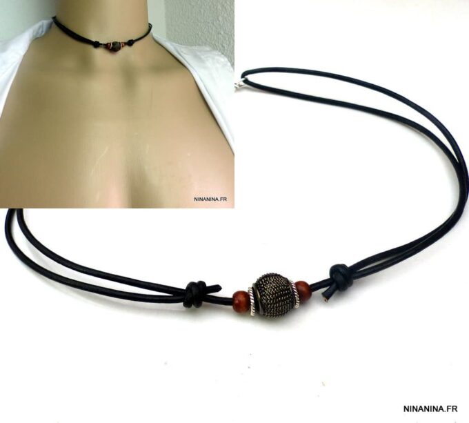 N5601b collier homme femme réglable cordon cuir perles bois argent 925 massif NINANINA
