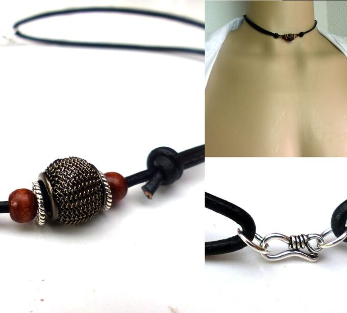 N5601c collier homme femme réglable cordon cuir perles bois argent 925 massif NINANINA