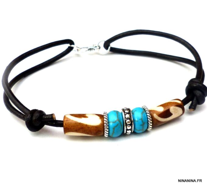 N5602 bracelet homme femme réglable cordon cuir perles turquoise argent 925 massif NINANINA