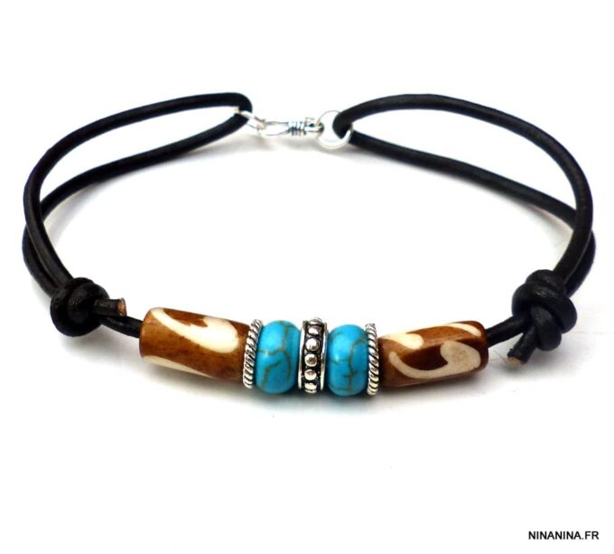N5602b bracelet homme femme réglable cordon cuir perles turquoise argent 925 massif NINANINA