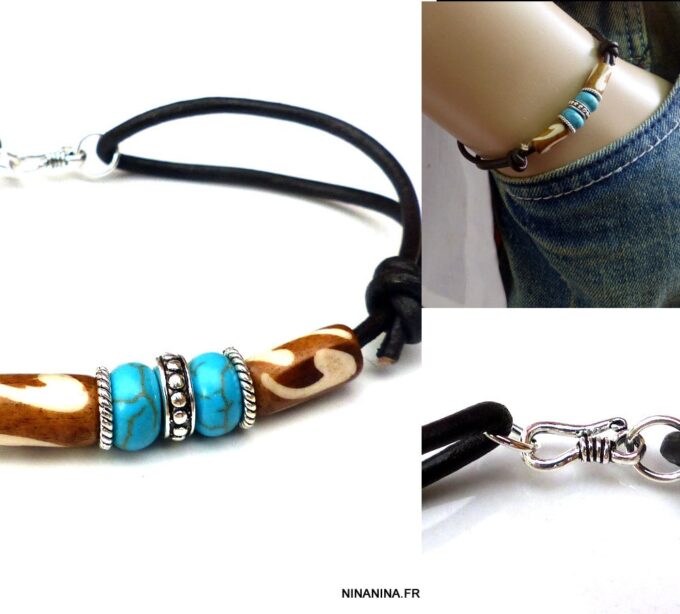 N5602f bracelet homme femme réglable cordon cuir perles turquoise argent 925 massif NINANINA