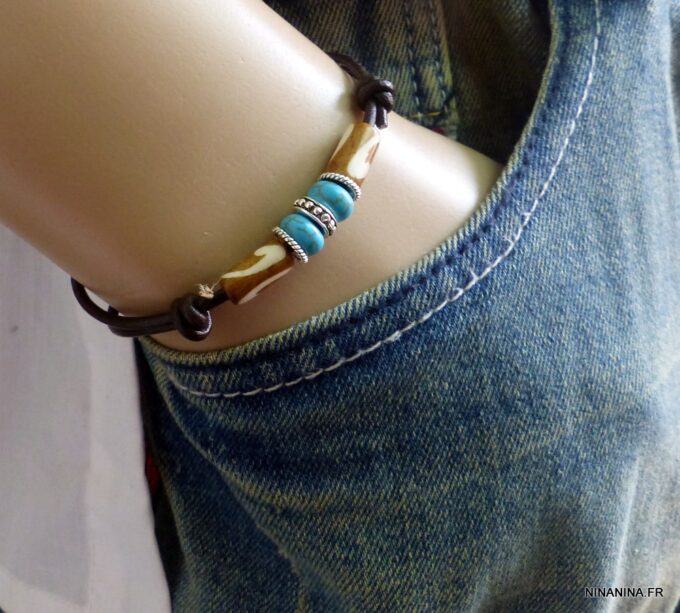 N5602h bracelet homme femme réglable cordon cuir perles turquoise argent 925 massif NINANINA