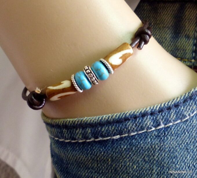 N5602j bracelet homme femme réglable cordon cuir perles turquoise argent 925 massif NINANINA