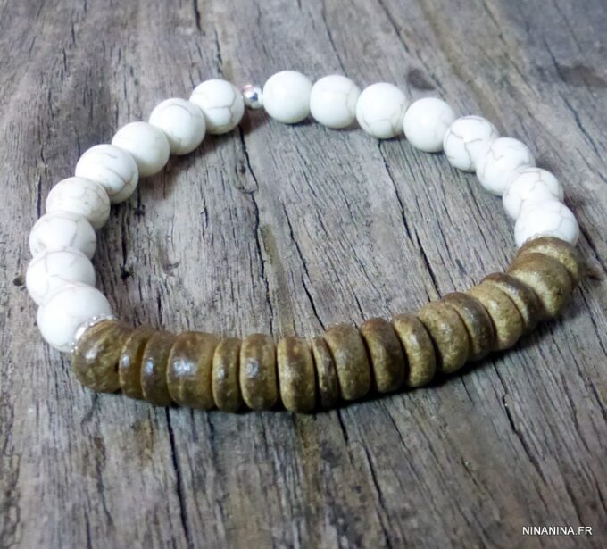 N5612abis Bracelet homme femme perles coco argent massif turquoises blanches NINANINA