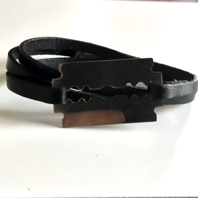N5614b Bracelet lame de rasoir acier inoxydable homme cuir 3 tours - BijouxBracelets en ligne Ninanina