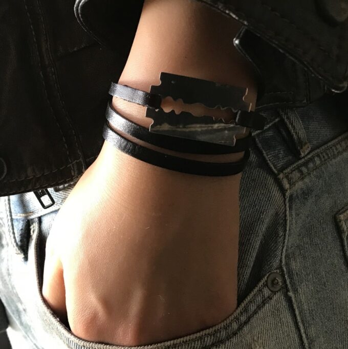 N5614g Bracelet lame de rasoir acier inoxydable homme cuir 3 tours - BijouxBracelets en ligne Ninanina