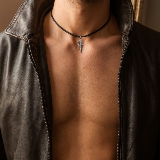 N5618 Collier artisanal pendentif plume en Argent 925 massif sur cordon cuir noir - Bijoux Colliers en ligne Ninanina