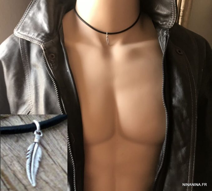 N5618 Collier plume Argent 925 massif cordon cuir noir - Bijoux Colliers en ligne Ninanina