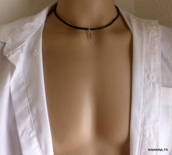 N5618a collier homme cordon cuir plume argent 925 massif NINANINA
