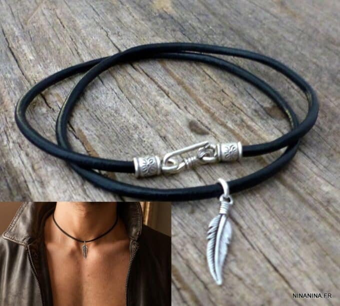 N5618b Collier artisanal pendentif plume en Argent 925 massif sur cordon cuir noir - Bijoux Colliers en ligne Ninanina