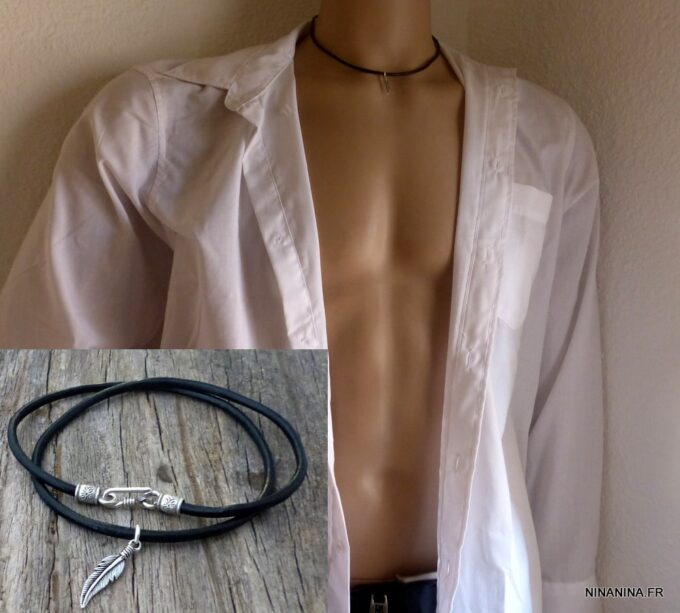 N5618b collier homme cordon cuir plume argent 925 massif NINANINA