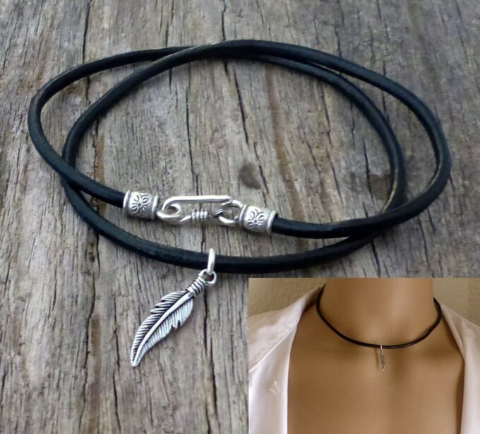 N5618c collier homme cordon cuir plume argent 925 massif NINANINA