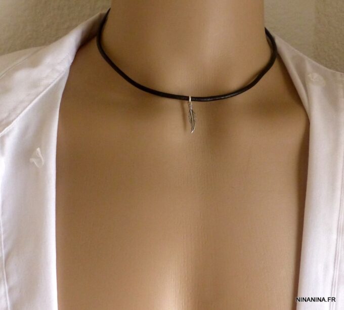 N5618d collier homme cordon cuir plume argent 925 massif NINANINA