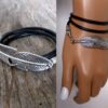 N5620 bracelet femme cordon cuir 3 tours plume argent 925 massif NINANINA