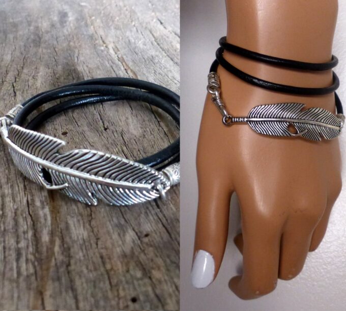 N5620 bracelet femme cordon cuir 3 tours plume argent 925 massif NINANINA