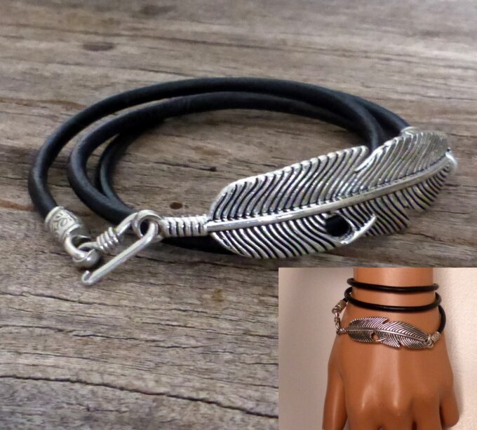 N5620a bracelet femme cordon cuir 3 tours plume argent 925 massif NINANINA