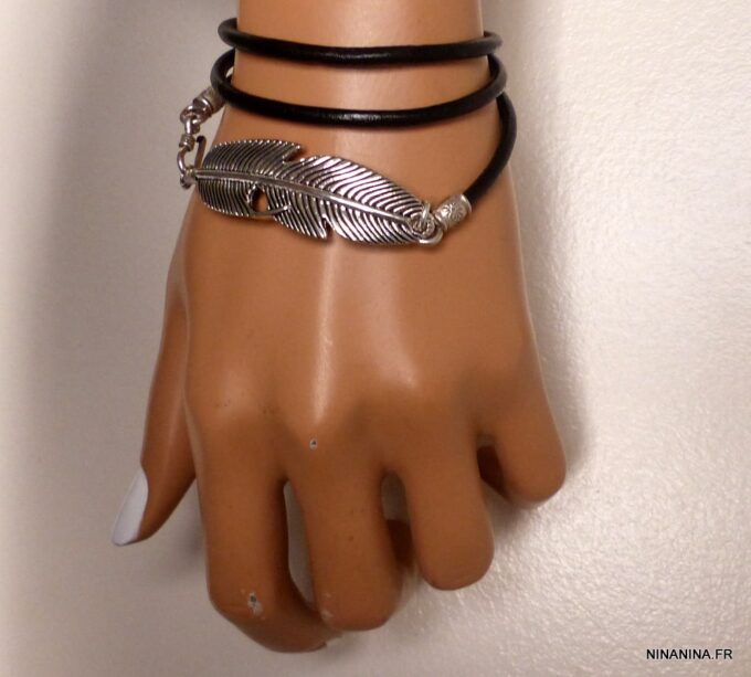 N5620e bracelet femme cordon cuir 3 tours plume argent 925 massif NINANINA