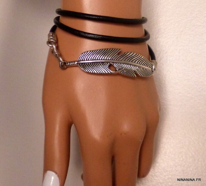 N5620g bracelet femme cordon cuir 3 tours plume argent 925 massif NINANINA