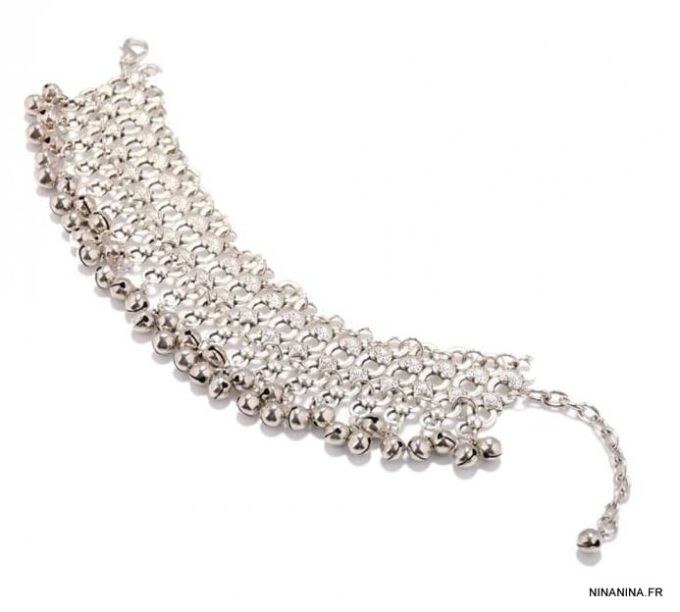 N5622E bracelet chaine de cheville femme tribale grelots métal argent NINANINA