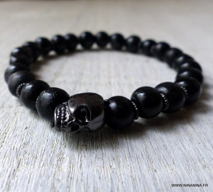 N5633 Bracelet elastique homme perle bois noir tête de mort - Bijoux Bracelets en ligne Ninanina