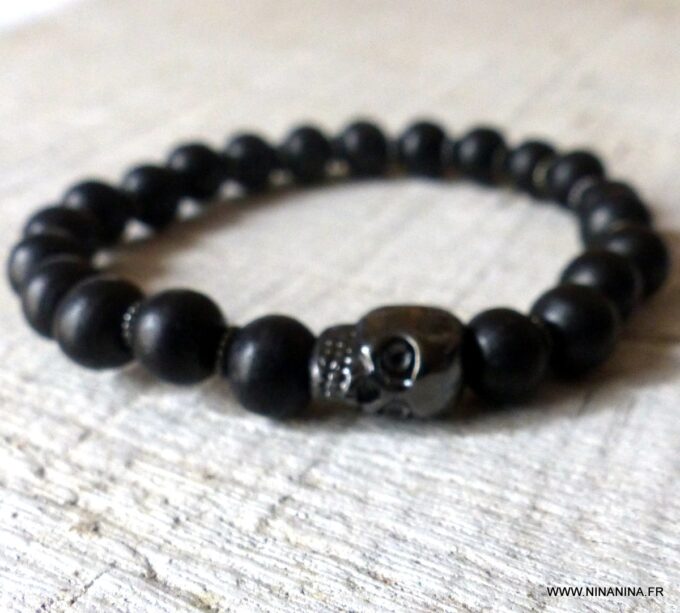 N5633 Bracelet tête de mort homme femme perles bois noir elastique - Bijoux bracelets en ligne Ninanina